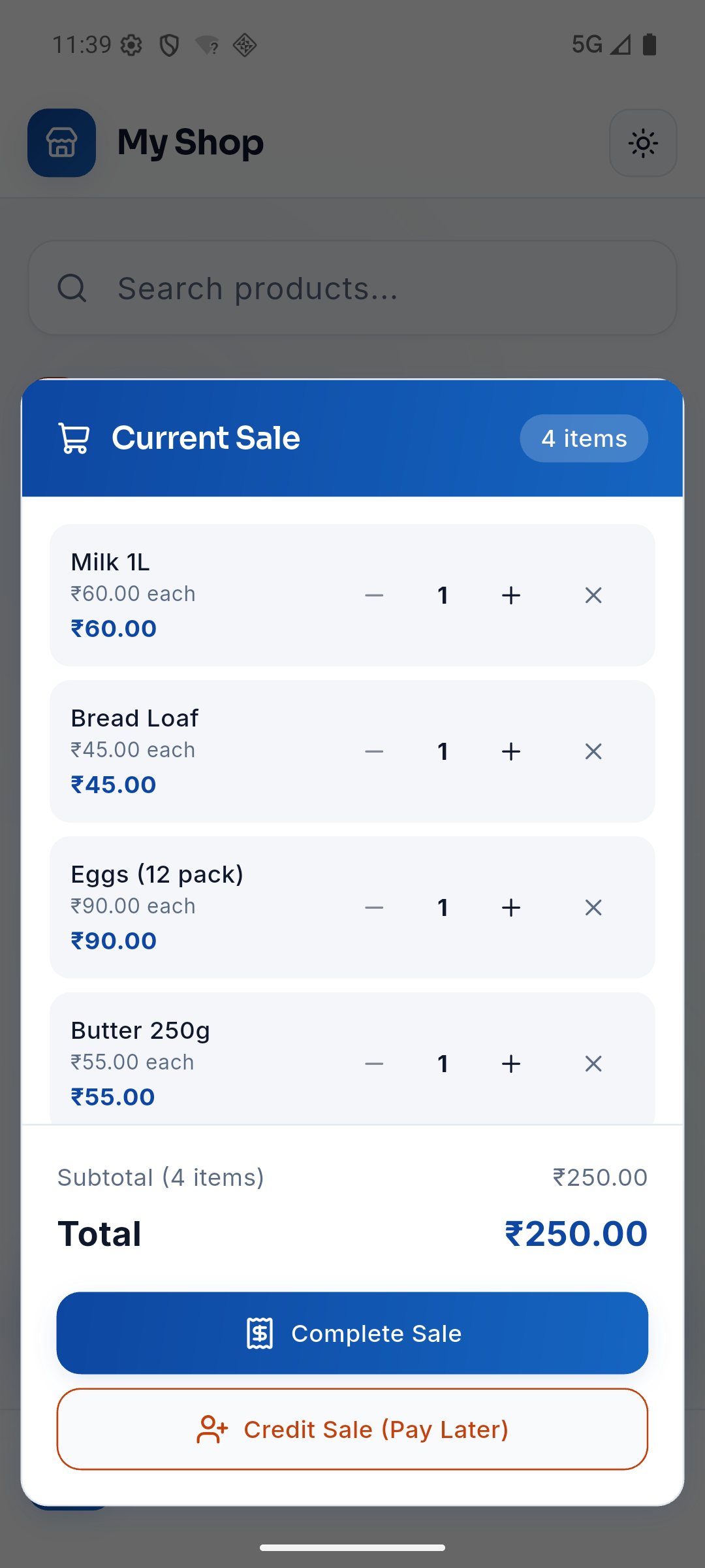 Current sale cart with quantity steppers and Complete Sale button