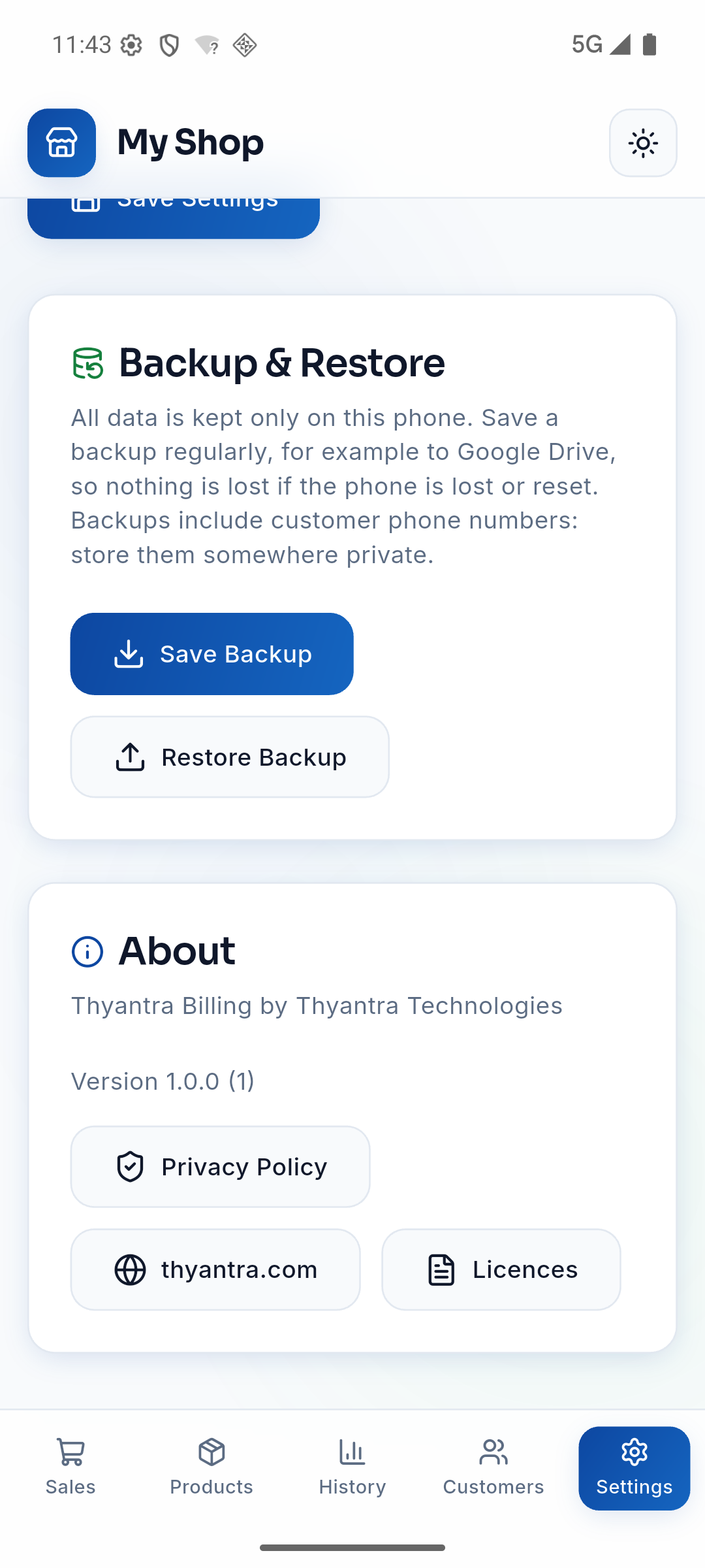 Backup and restore settings screen